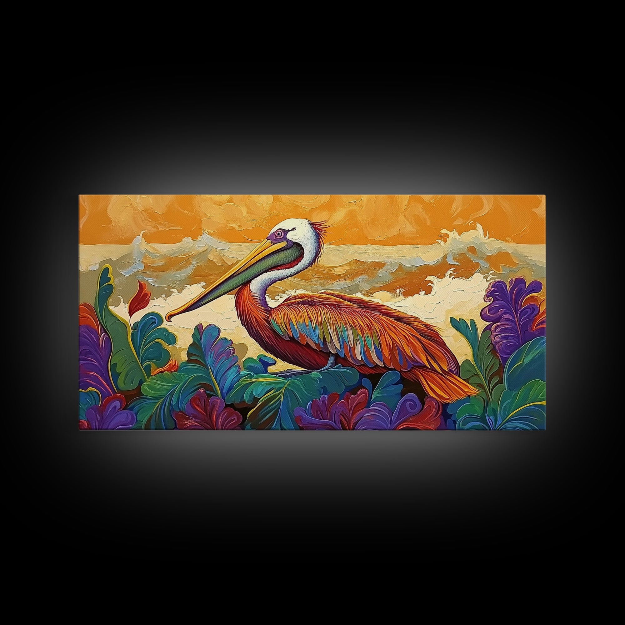 Pelican, Waves Tropical, Canvas Print, Bright tropical pelican artwork with ocean waves and foliage, great Bathroom Wall Art