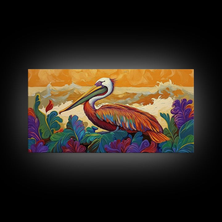 Pelican, Waves Tropical, Canvas Print, Bright tropical pelican artwork with ocean waves and foliage, great Bathroom Wall Art
