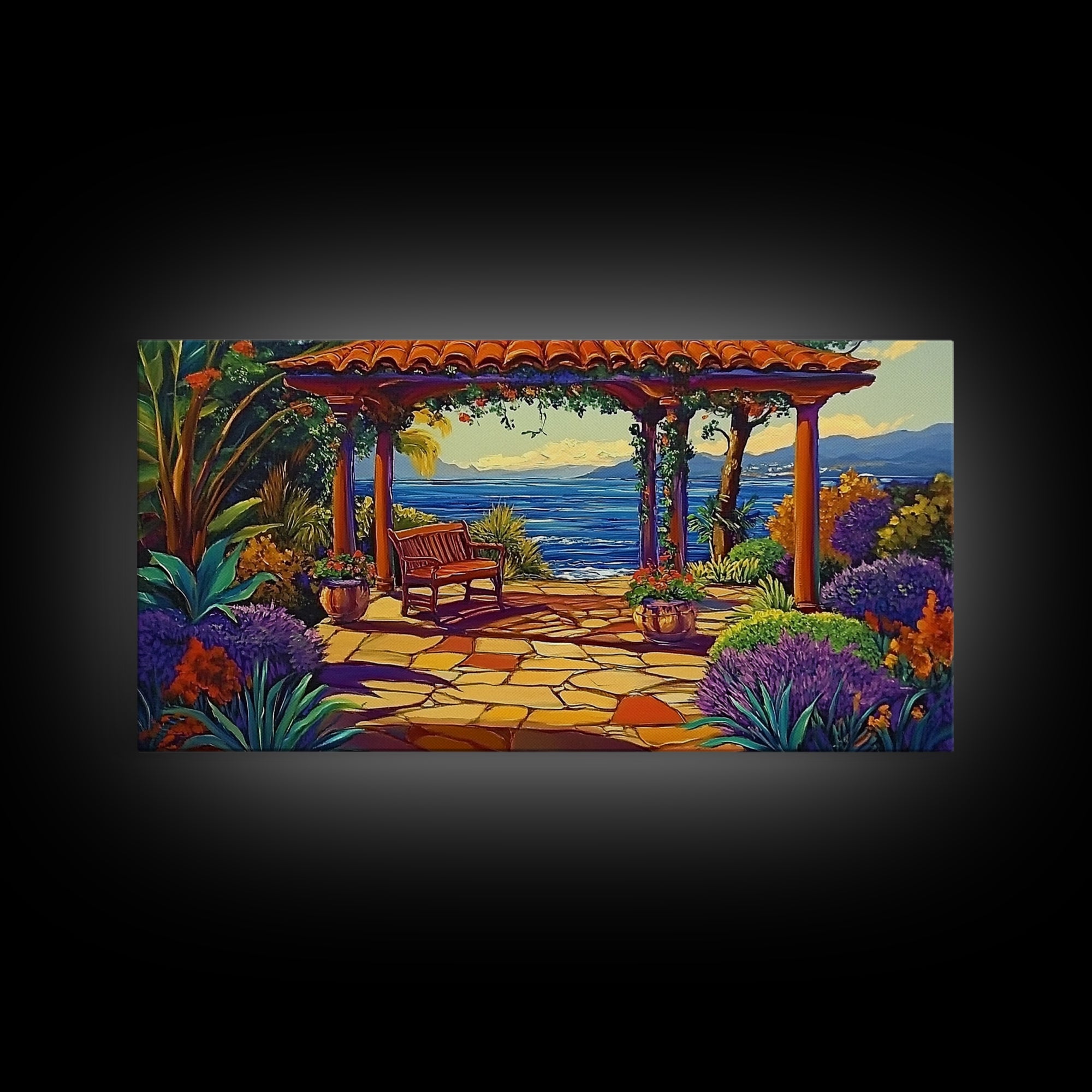 Garden Ocean View, Terrace, Framed Canvas Print, Serene garden bench by the ocean with colorful flowers, perfect Living Room Wall Art