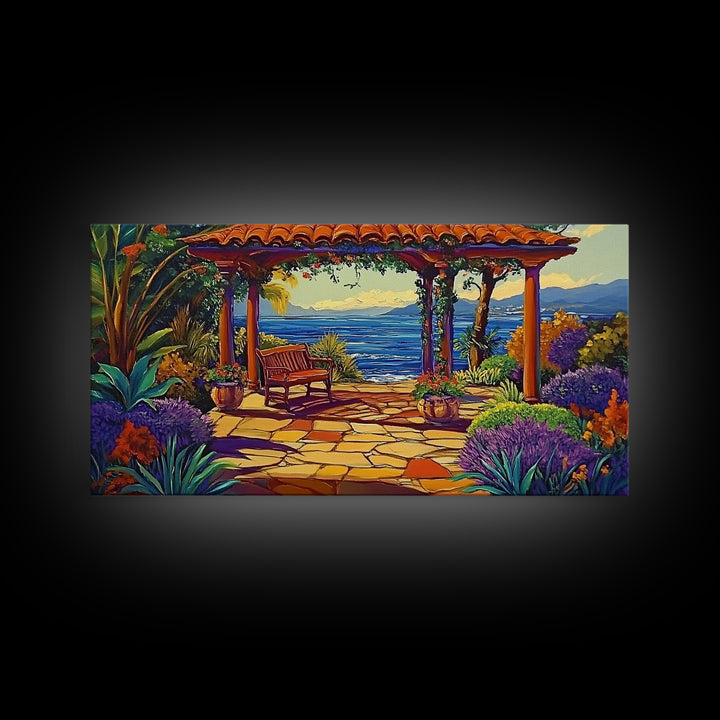 Garden Ocean View, Terrace, Framed Canvas Print, Serene garden bench by the ocean with colorful flowers, perfect Living Room Wall Art