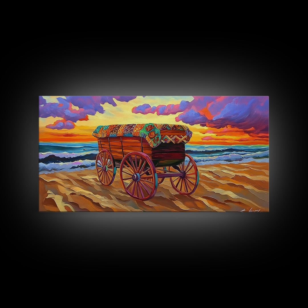 Beach Wagon, Sunset, Decor, Framed Canvas Print western wall art, desert decor, living room boho art, rustic coastal art, beach house