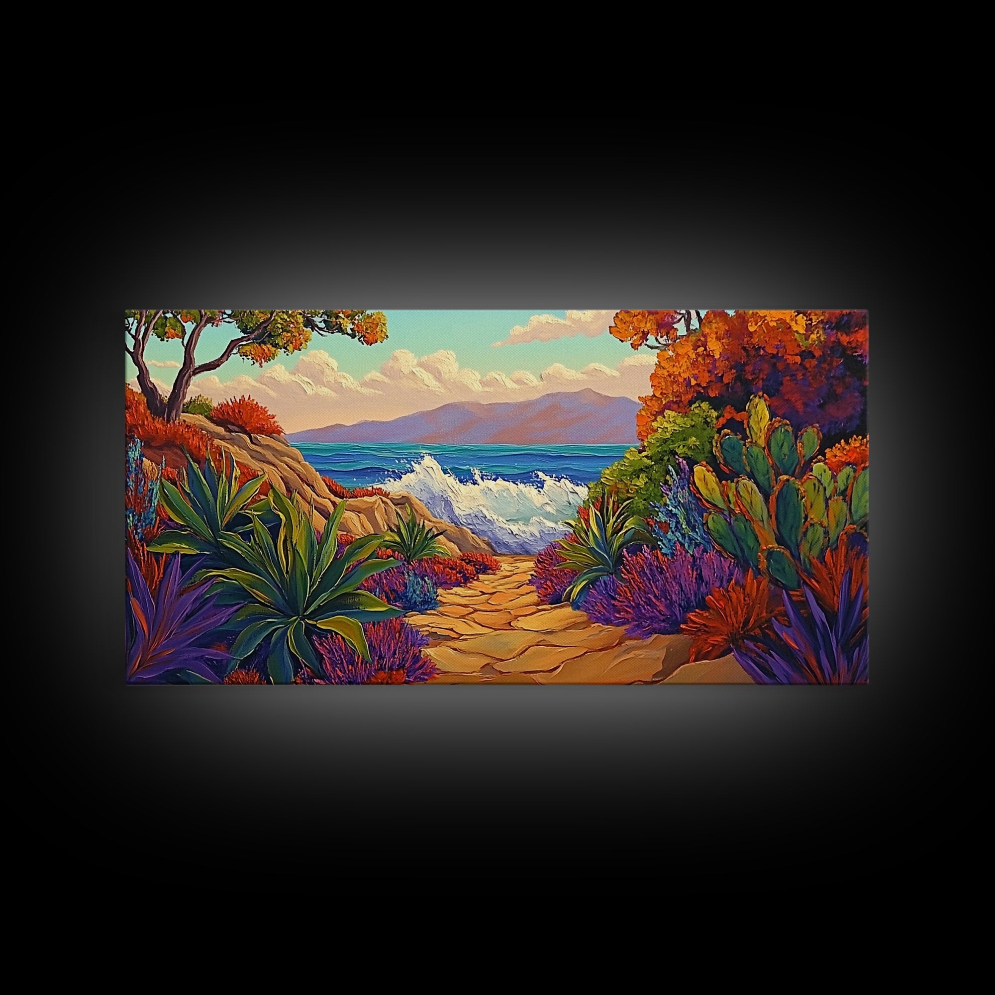 Ocean Path, Sunset, Nature, Canvas Print vibrant coastal wall art, autumn cactus decor, tropical landscape painting, entryway art