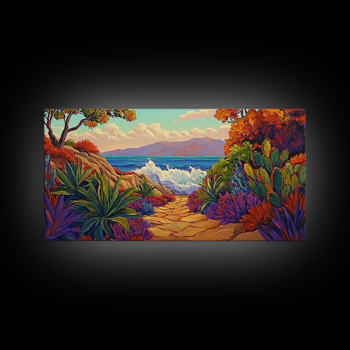 Ocean Path, Sunset, Nature, Canvas Print vibrant coastal wall art, autumn cactus decor, tropical landscape painting, entryway art