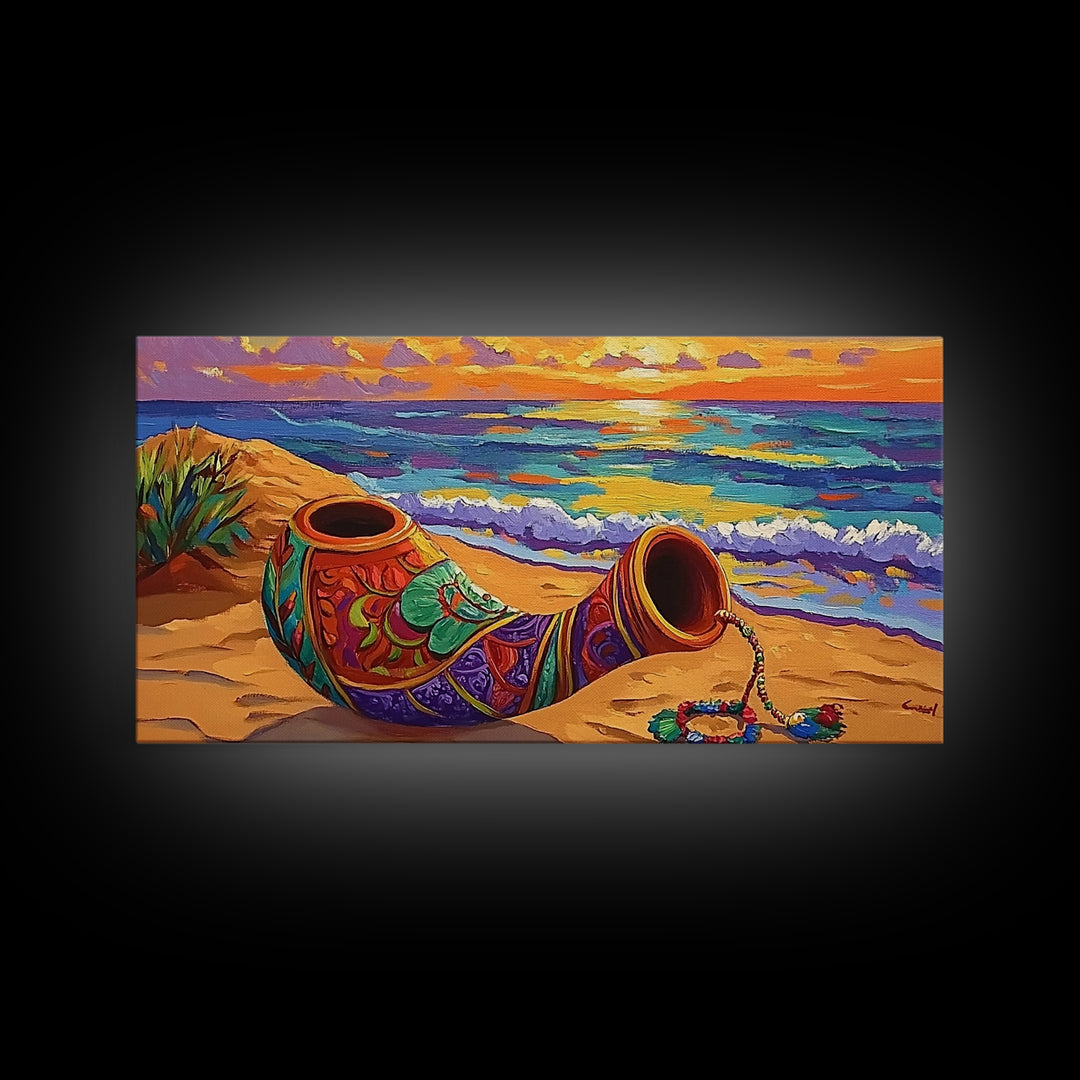Horn Sand, Sunset, Shore, Framed Canvas Print boho beach decor, living room Mexican art, coastal horn painting, rustic folk art