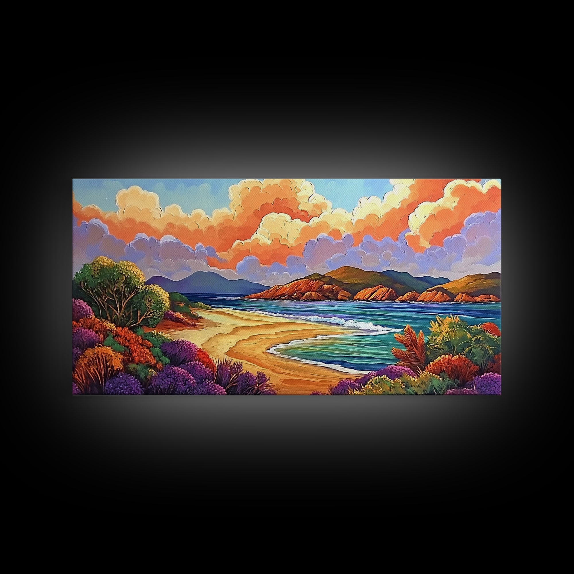 Beach Clouds, Coastal, Pastel, Framed Canvas Print soft tropical seascape painting, ocean view boho art, serene living room print