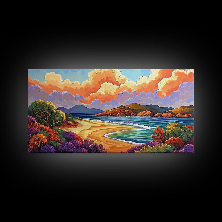 Beach Clouds, Coastal, Pastel, Framed Canvas Print soft tropical seascape painting, ocean view boho art, serene living room print