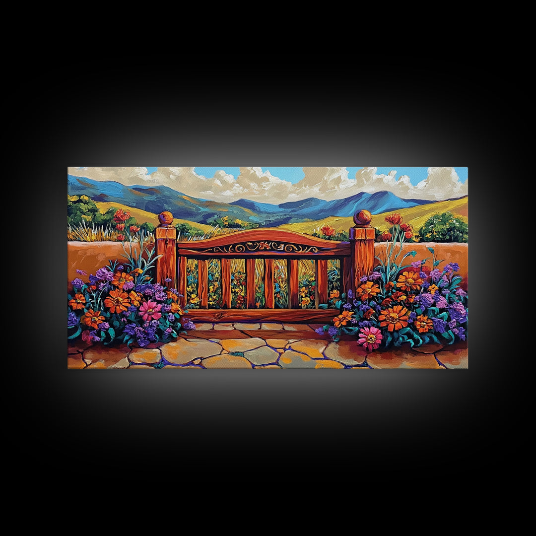 Gate Flowers, Mountains, Country, Framed Canvas Print rustic floral country gate art, bright farmhouse boho garden decor, patio print