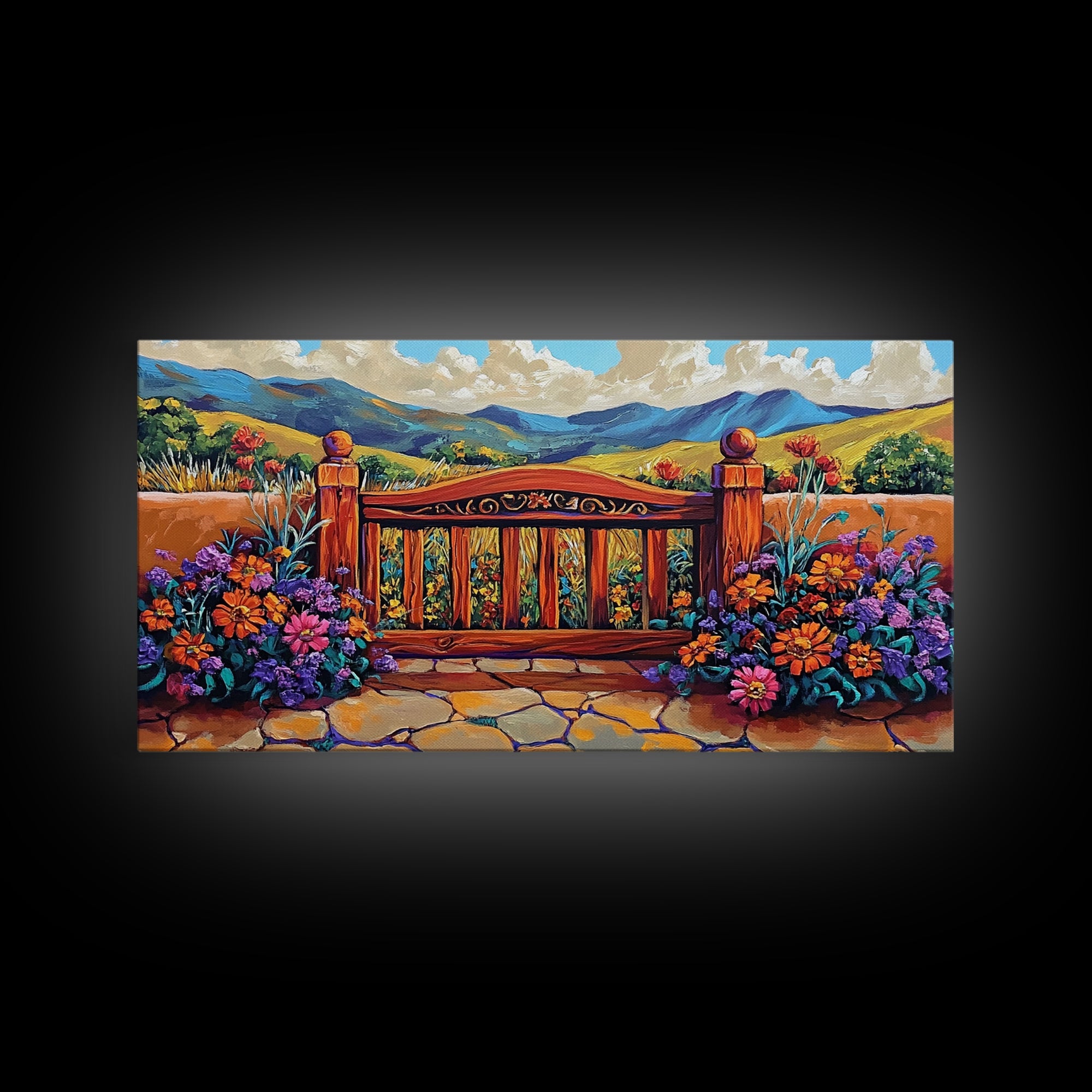 Gate Flowers, Mountains, Country, Framed Canvas Print rustic floral country gate art, bright farmhouse boho garden decor, patio print