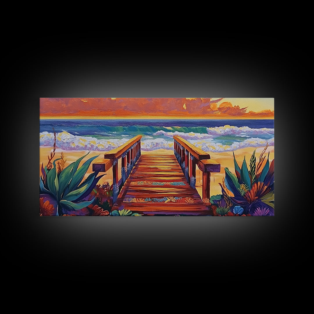 Beach Boardwalk, Sunset, View, Framed Canvas Print, boardwalk to beach, Coastal Entryway Art, sunset seascape painting, ocean cottage