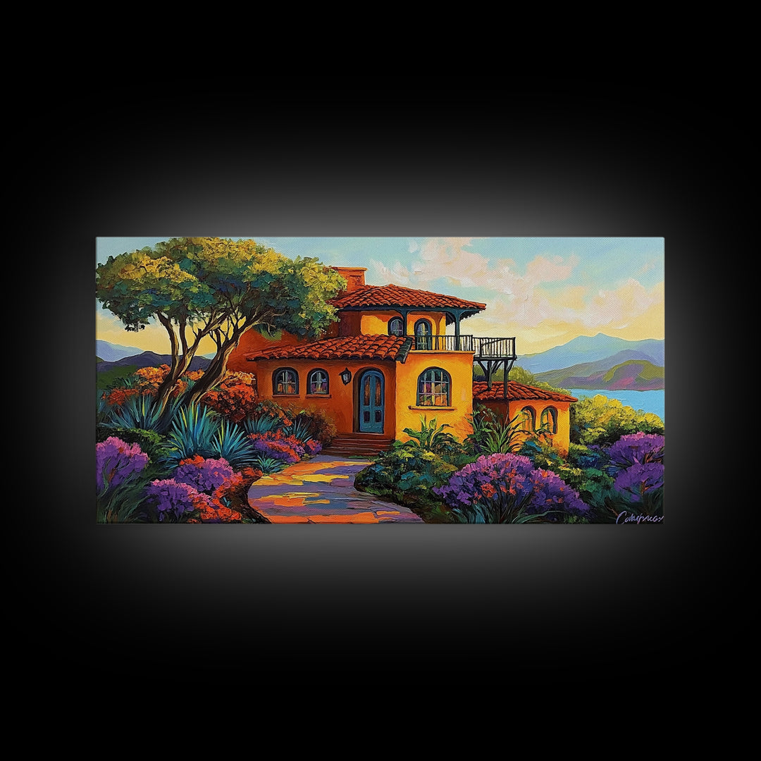 Villa Hillside, Coastal, Colorful, Framed Canvas Print Mediterranean house art, vibrant landscape painting, kitchen boho decor print