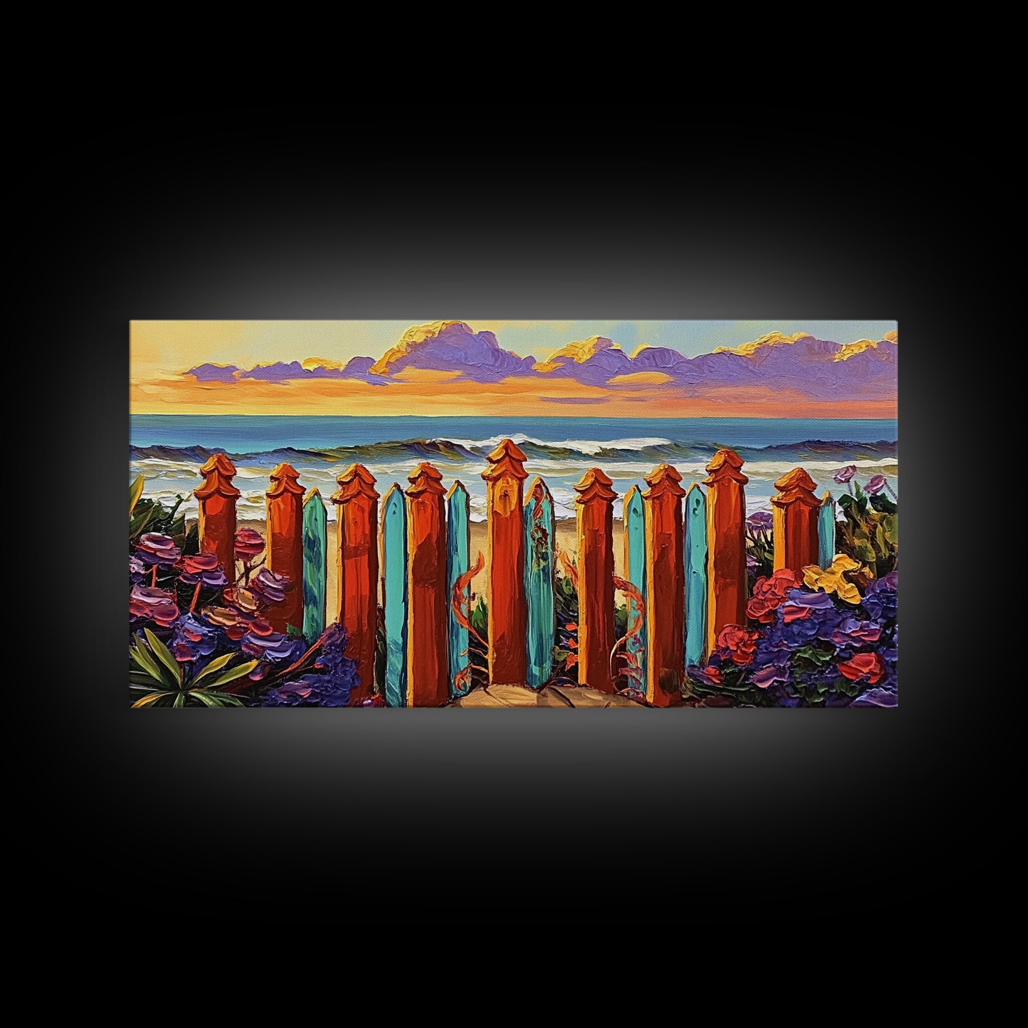 Ocean Fence, Flowers, Canvas Print, Coastal Wall Art, Beach House Decor, Nautical Art, Seaside Painting, Sunset Art, Vibrant Living Room