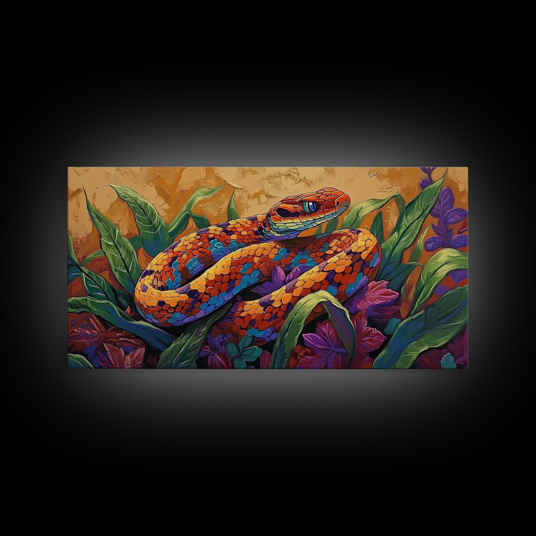 Colorful Snake, Nature, Framed Canvas Print, Jungle Reptile Wall Art, Tropical Home Decor, Bold Wildlife Art, Bedroom Accent, Boho Style