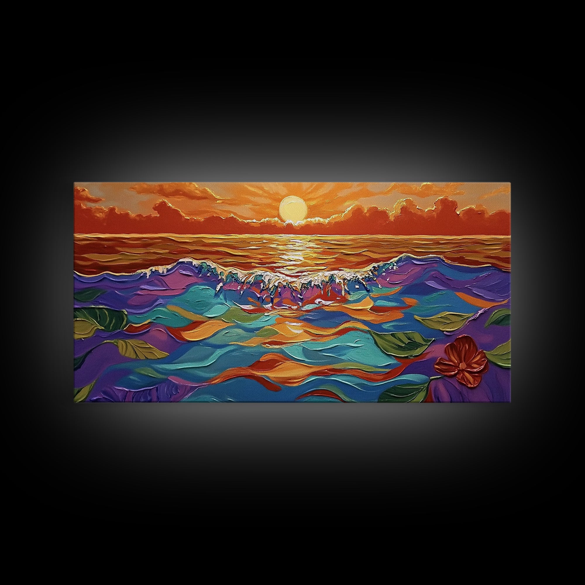 Ocean Sunset, Petals, Framed Canvas Print, Beachy Living Room Decor, Vibrant Seascape Art, Tropical Floral Painting, Boho Home Accent