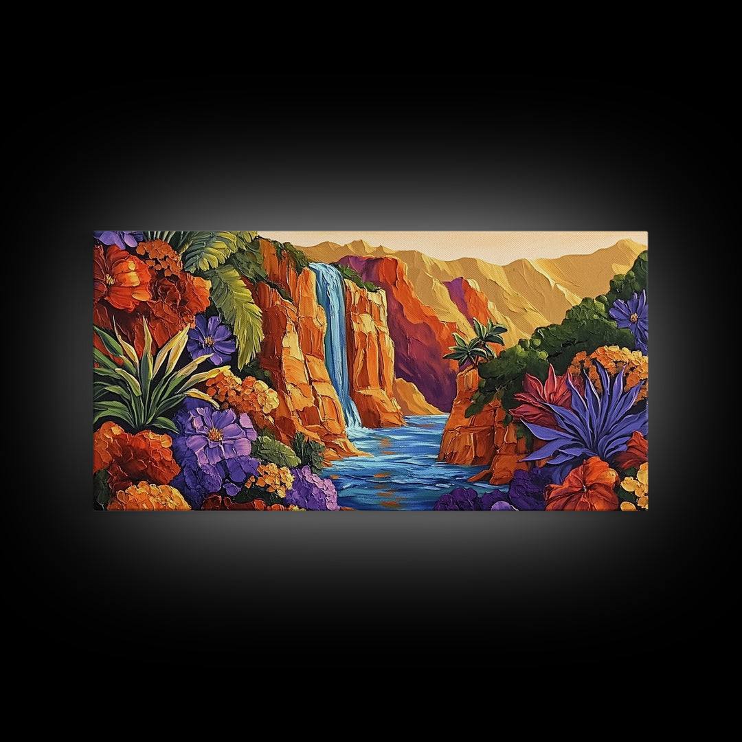 Canyon Waterfall, Desert Bloom, Sunset Rocks, Framed Canvas Print, Nature Landscape Wall Art, Boho Bedroom or Office Decor