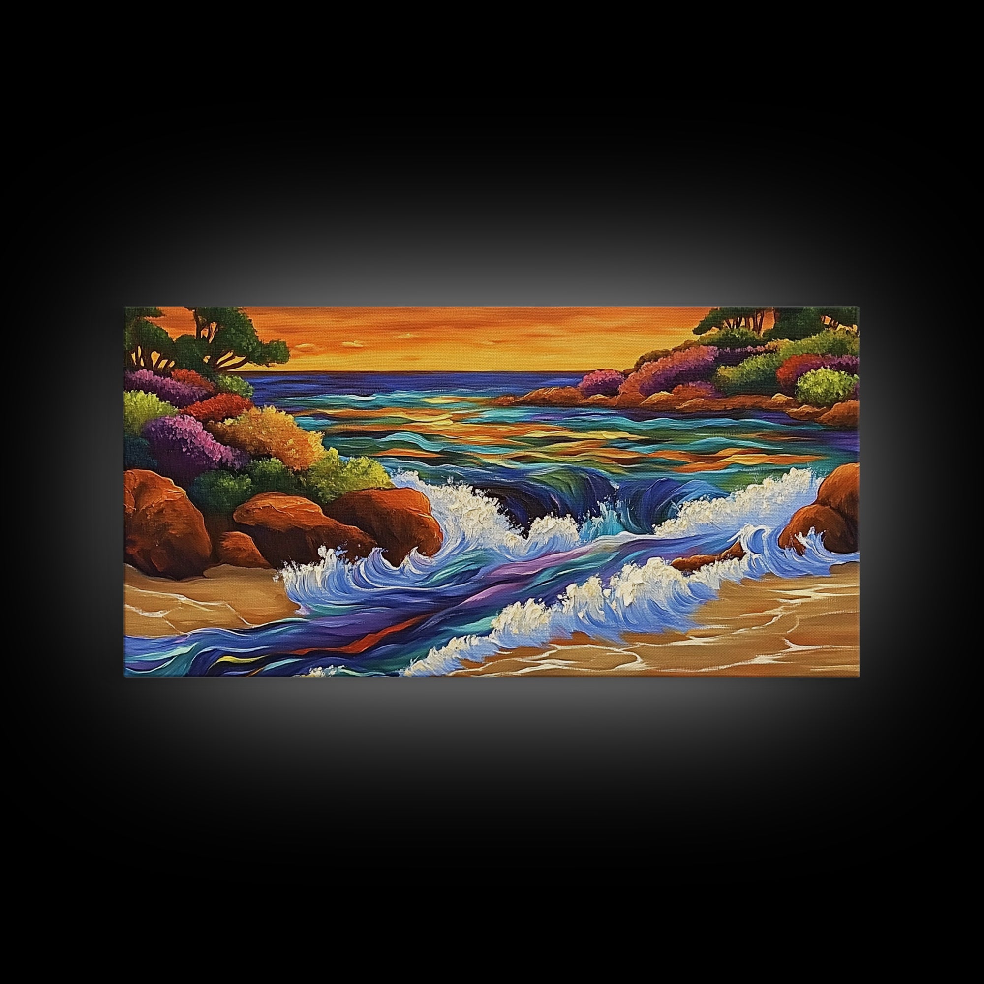 Coastal Stream, Sunset Shore, Nature Escape, Canvas Print, Tropical Landscape Wall Art, Vibrant Living Room or Office Decor