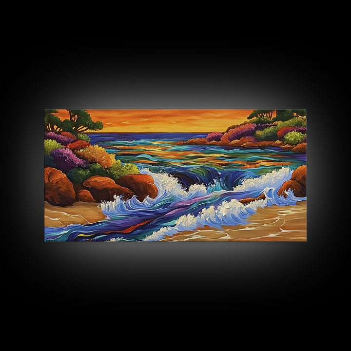 Coastal Stream, Sunset Shore, Nature Escape, Canvas Print, Tropical Landscape Wall Art, Vibrant Living Room or Office Decor