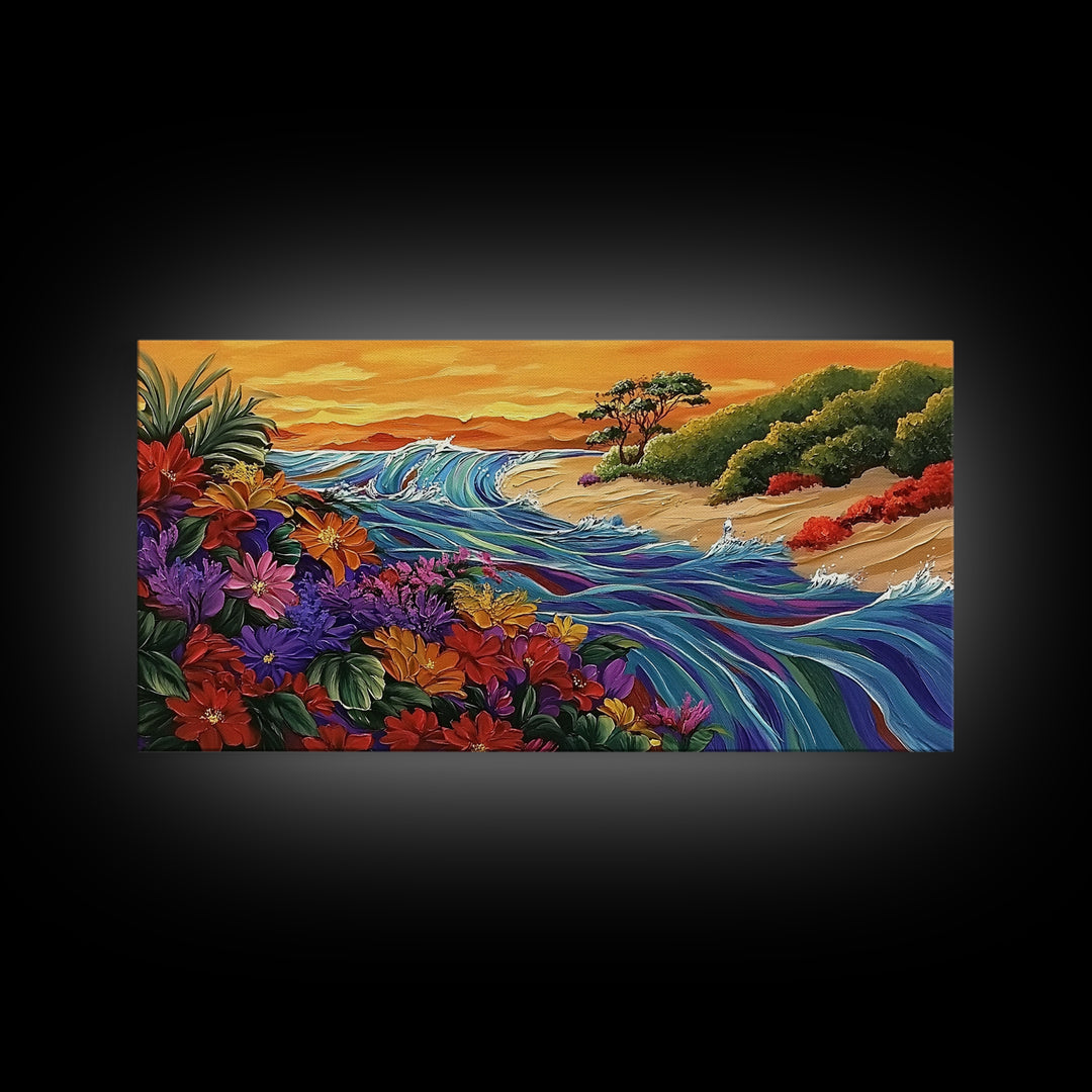 Wildflowers, Coastal Waves, Tropical Shore, Canvas Print, Floral Beach Art, Vibrant Living Room or Kitchen Wall Decor