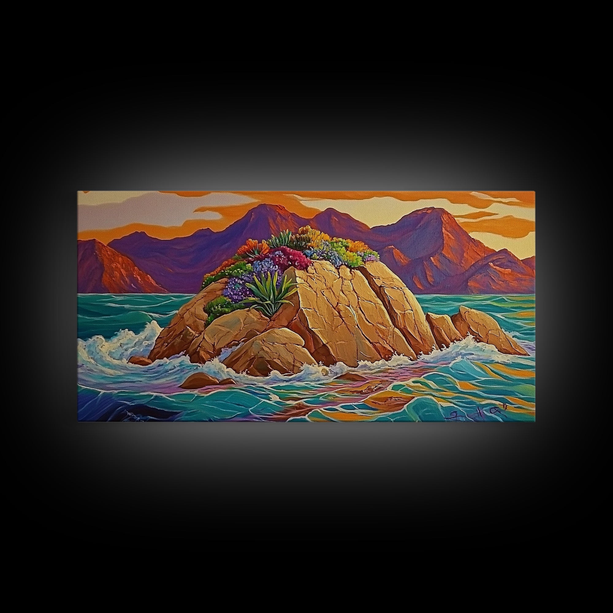 Island Sunset, Coastal Flowers, Ocean Rocks, Framed Canvas Print, Tropical Landscape Wall Art, Colorful Living Room Art, Entryway Decor