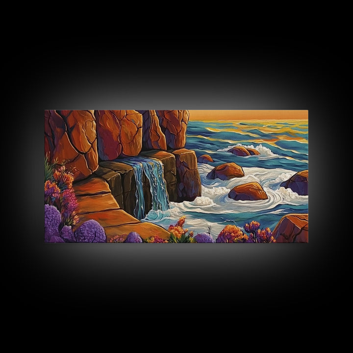 Cliffside Waterfall, Ocean Swirls, Sunset Tide, Framed Canvas Print, Nature Landscape Wall Art, Bold Boho Living Room Decor