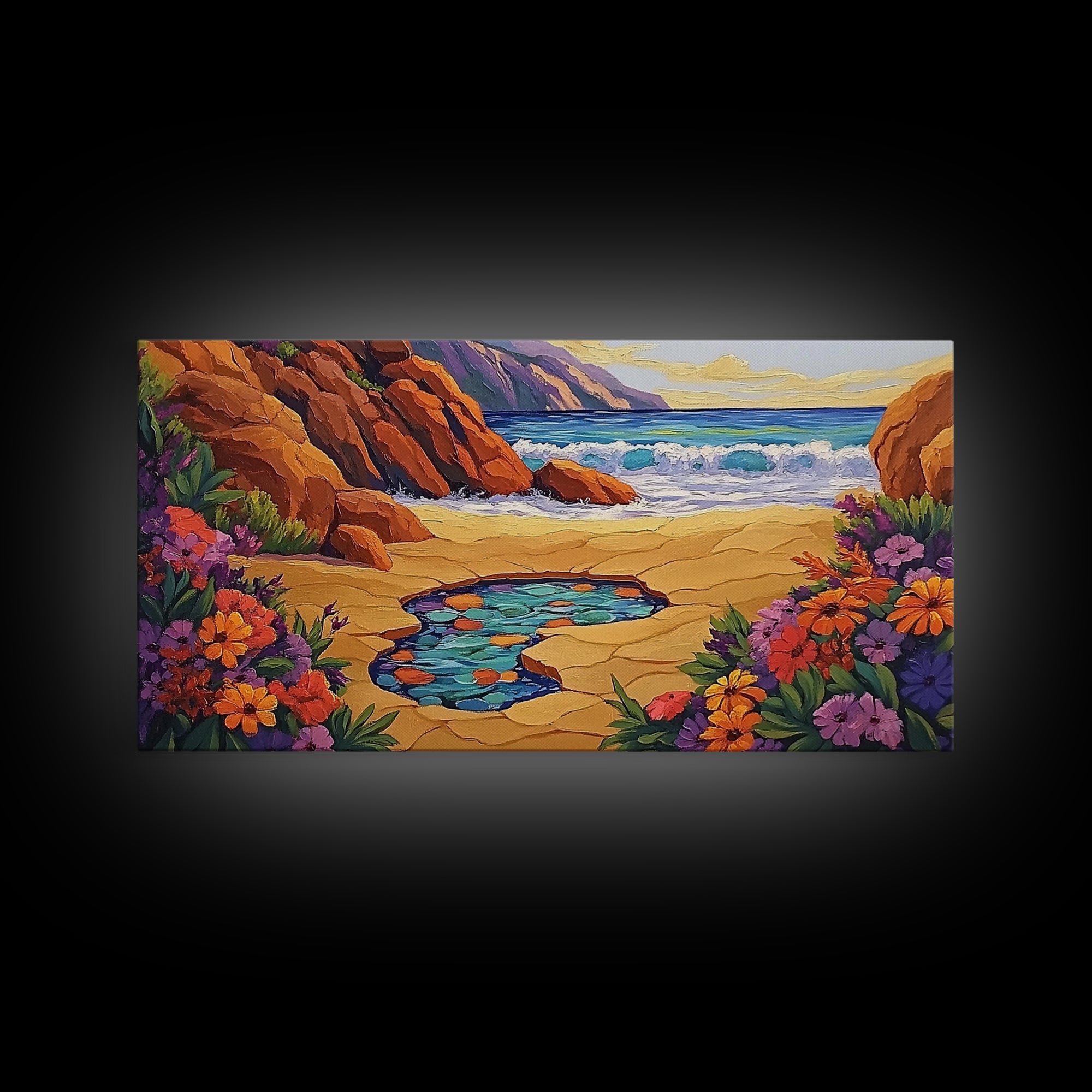 Tide Pool, Sandy Shore, Flower Beach, Canvas Print, Coastal Floral Wall Art, Vibrant Kitchen  Art, Hallway Summer Decor