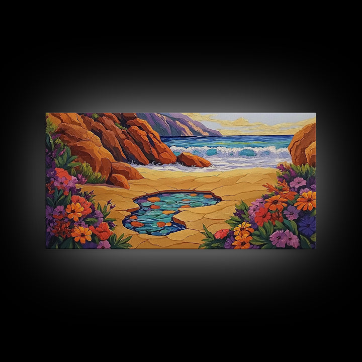 Tide Pool, Sandy Shore, Flower Beach, Canvas Print, Coastal Floral Wall Art, Vibrant Kitchen  Art, Hallway Summer Decor