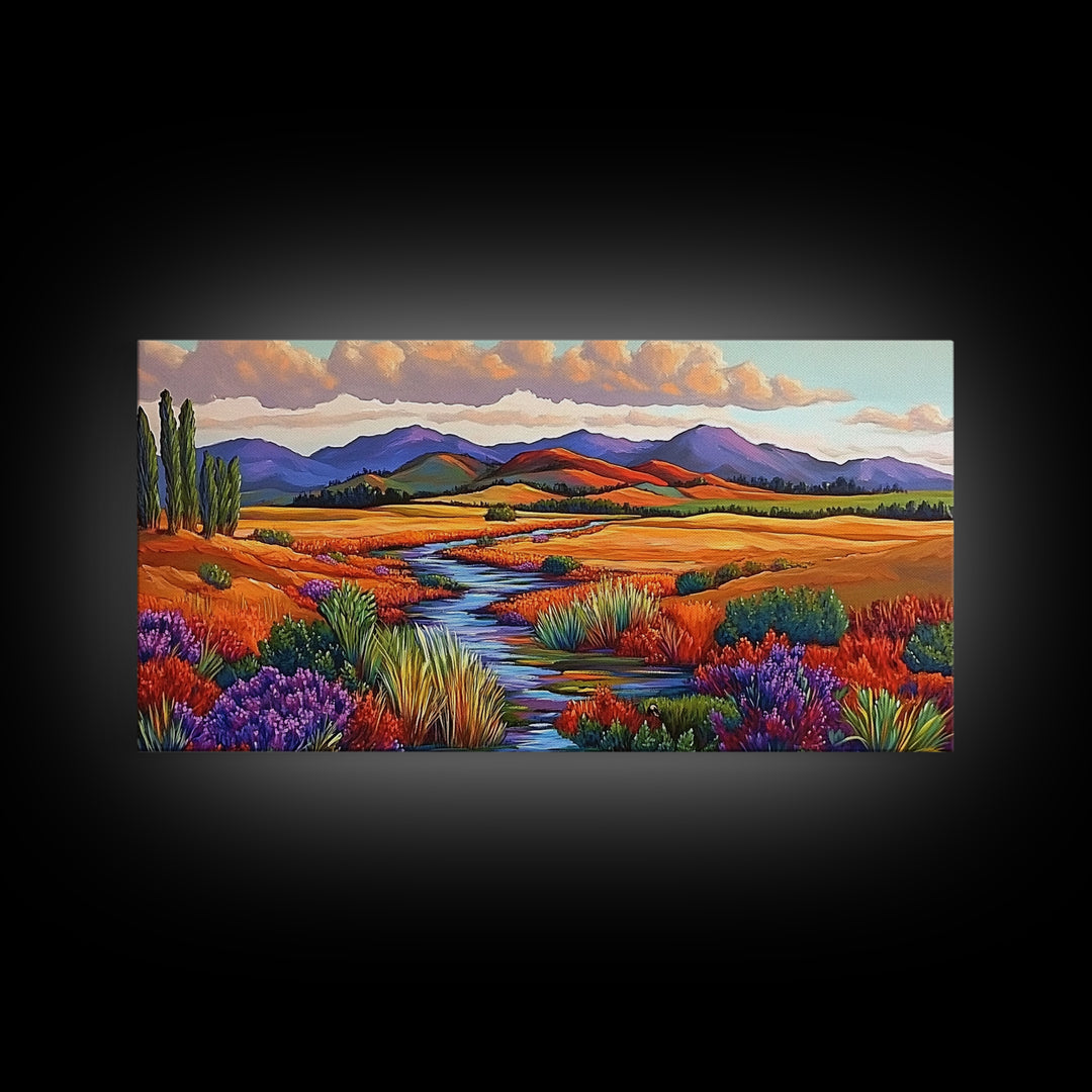 Autumn River, Golden Fields, Mountain View, Canvas Print, Fall Landscape Wall Art, Rustic Living Room Art, Seasonal Entryway Decor