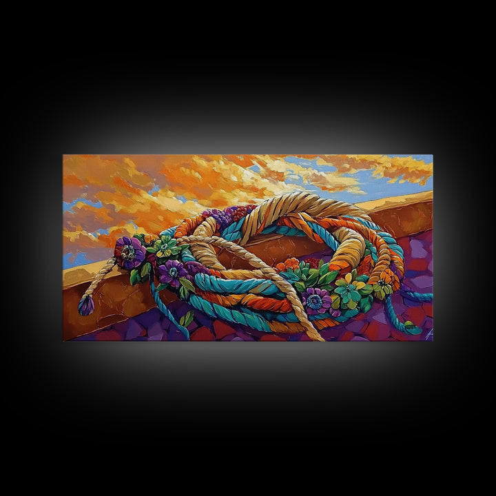 Desert Rope, Western Decor, Rustic Sunset, Framed Canvas Print, Southwestern Wall Art, Bold Kitchen or Ranch Style Office Decor