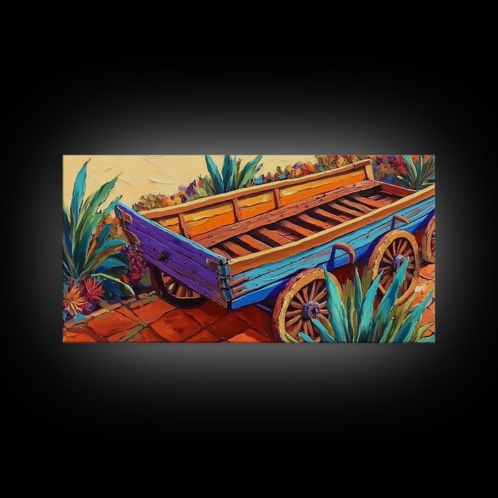 Painted Wagon, Rustic Charm, Color Pop, Framed Canvas Print, Western Farmhouse Wall Art, Vibrant Kitchen Print, Entryway Decor