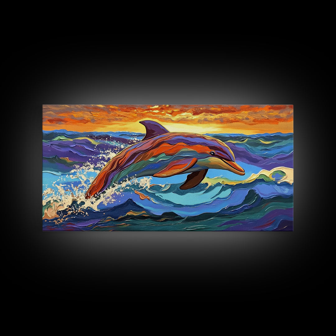 Dolphin Ocean, Sunset, Vibrant, Jumping Dolphin Canvas Print, Beach House Wall Art, Vibrant Ocean Scene, Kids Room Decor, Summer Art