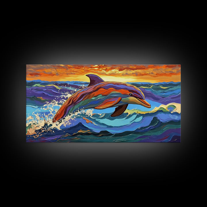 Dolphin Ocean, Sunset, Vibrant, Jumping Dolphin Canvas Print, Beach House Wall Art, Vibrant Ocean Scene, Kids Room Decor, Summer Art