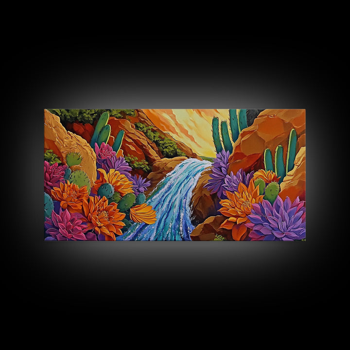 Cactus Canyon, Flowers, Waterfall, Framed Canvas Print Bright desert wall art, boho botanical painting, vibrant hallway home decor