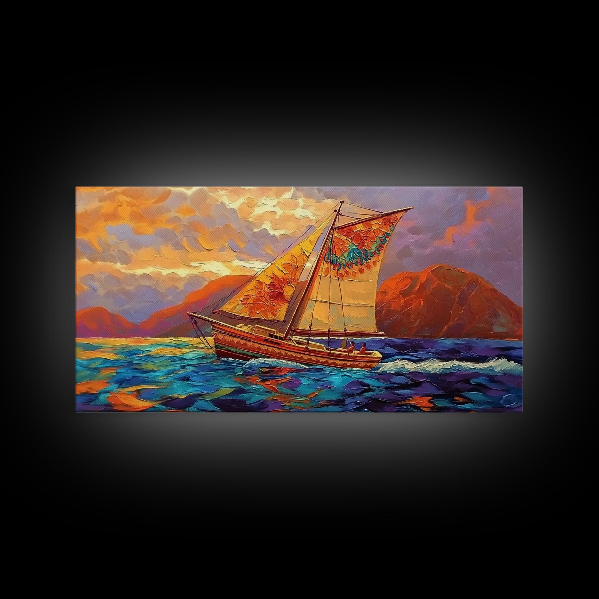 Sailboat Sunset, Ocean, Adventure, Framed Canvas Print Nautical coastal wall art, colorful seascape, bold living room decor