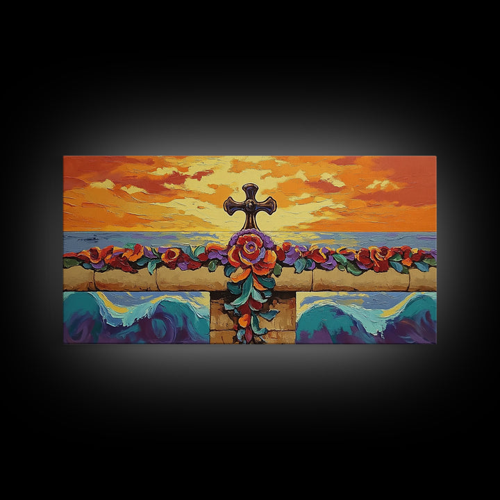 Cross Sunset, Flowers, Spiritual, Coastal Cross Sunset Framed Canvas Print, Christian Wall Art, Floral Beach Decor, Living Room Art