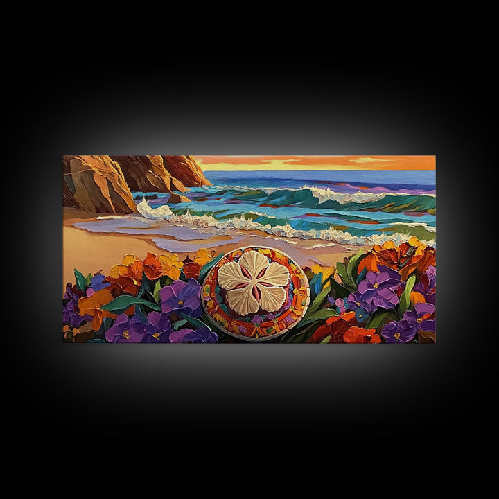 Ocean Beach, Flower, Sand Dollar, Coastal Beach Scene Framed Canvas Print, Bathroom Wall Art, Tropical Seaside Decor, Coastal Painting