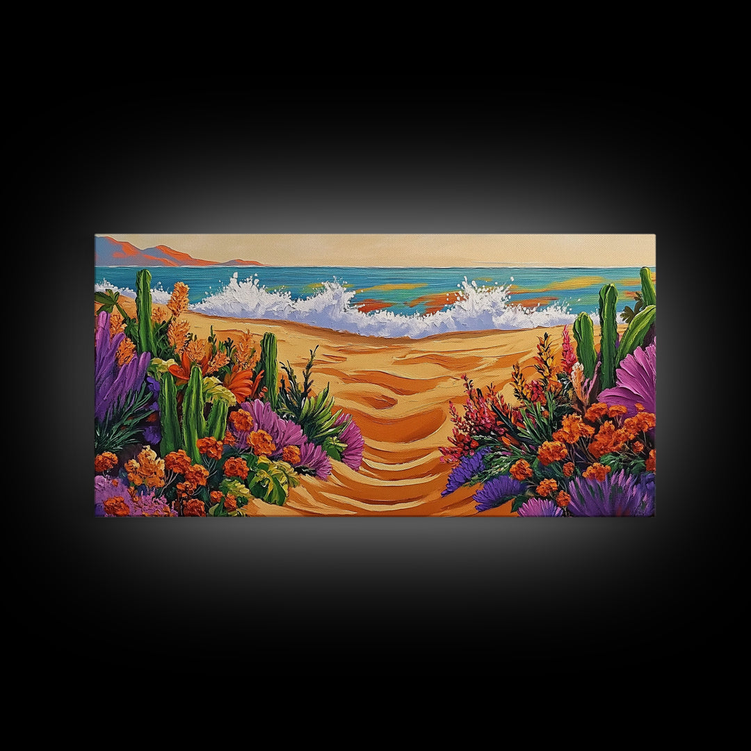 Beach Floral, Sunset, Cactus, Vibrant Desert Coastal Pathway Canvas Print, Entryway Wall Art, Boho Style Art, Tropical Beach Wall Decor