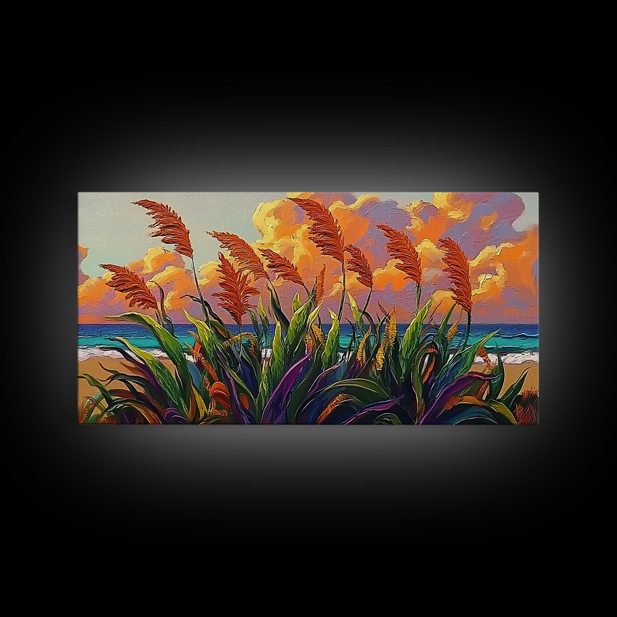Coastal Sunset, Grasses, Canvas Print, Autumn Beach Landscape Art, Boho Living Room Wall Decor, Colorful Nature Painting