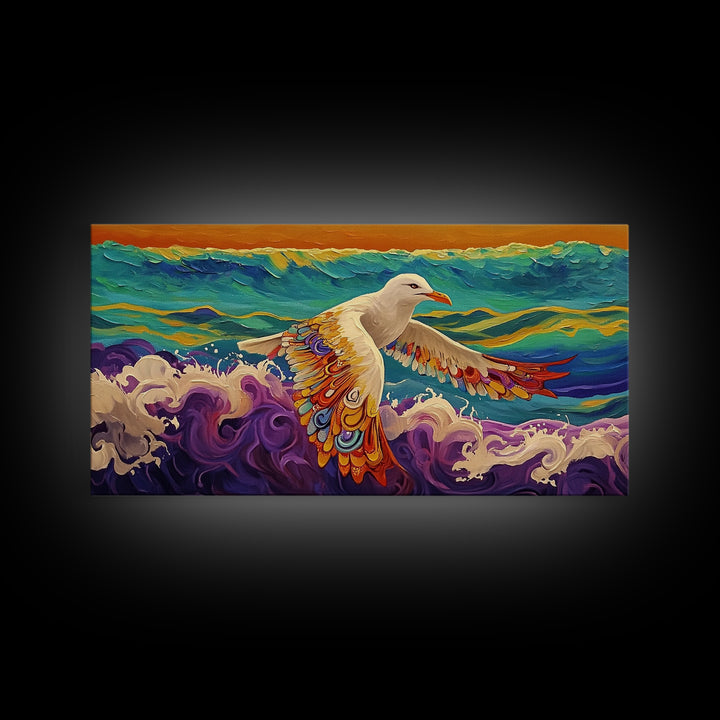 Seagull Ocean, Wings, Framed Canvas Print, Whimsical Bird Wall Art, Nautical Coastal Decor, Colorful Beach Painting, Boho Wall Art