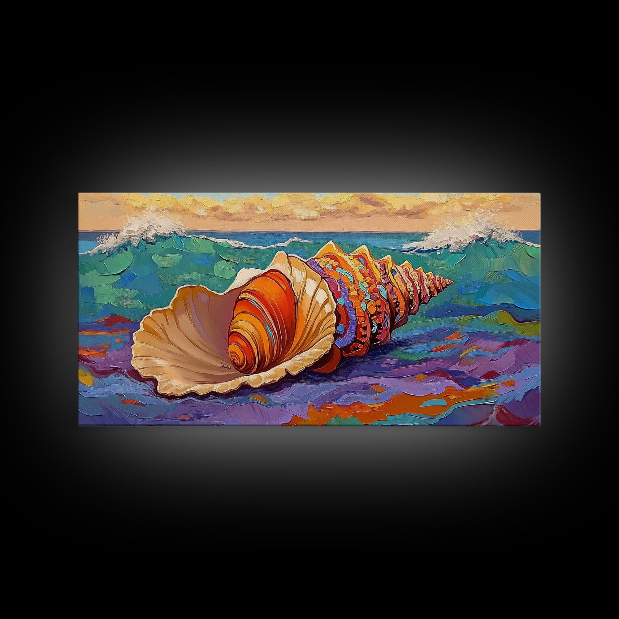 Seashell Ocean, Beach, Canvas Print, Nautical Bathroom Wall Art, Coastal Shell Decor, Vibrant Marine Painting, Seaside Home Style