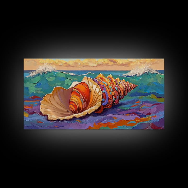 Seashell Ocean, Beach, Canvas Print, Nautical Bathroom Wall Art, Coastal Shell Decor, Vibrant Marine Painting, Seaside Home Style