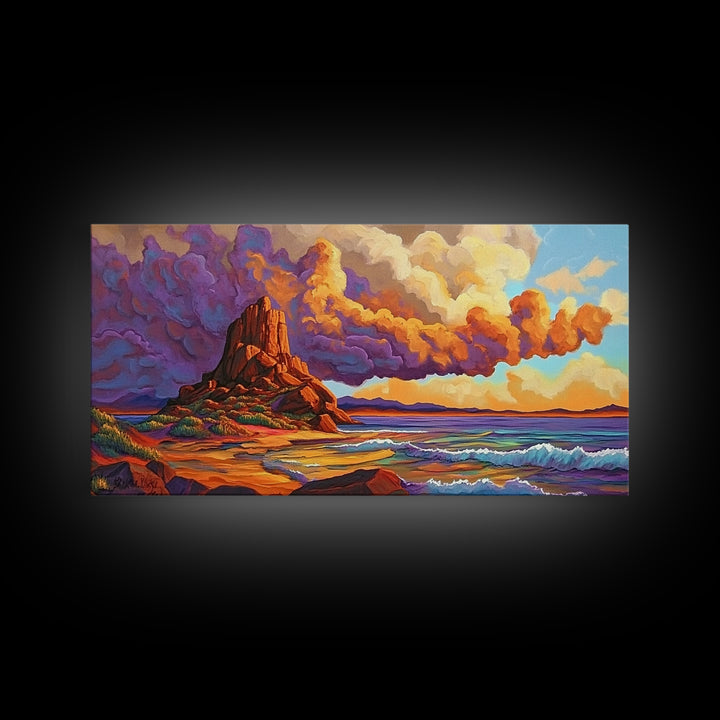Sunset Clouds, Ocean, Cliffs, Framed Canvas Print, dramatic seascape art, Southwestern home decor, moody living room wall art