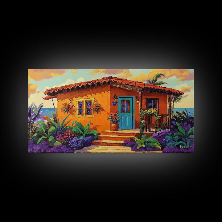Casita Tropical, Sunset, Garden, Framed Canvas Print, Mexican villa painting, rustic kitchen decor, vibrant coastal house wall art
