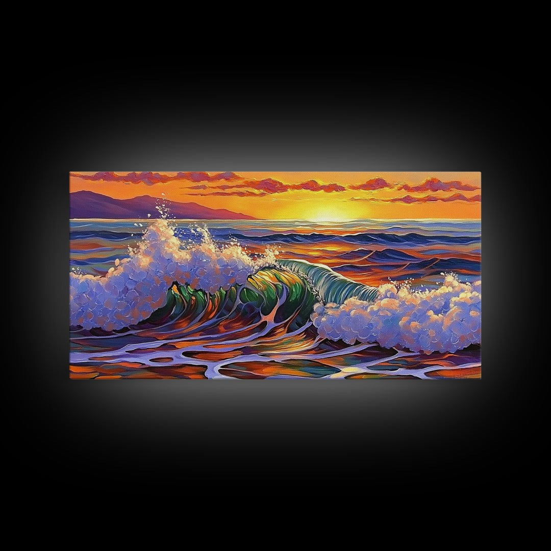 Wave Ocean, Sunset, Surf, Framed Canvas Print, tropical wave wall decor, surf boho art, vibrant beach bathroom or office wall art