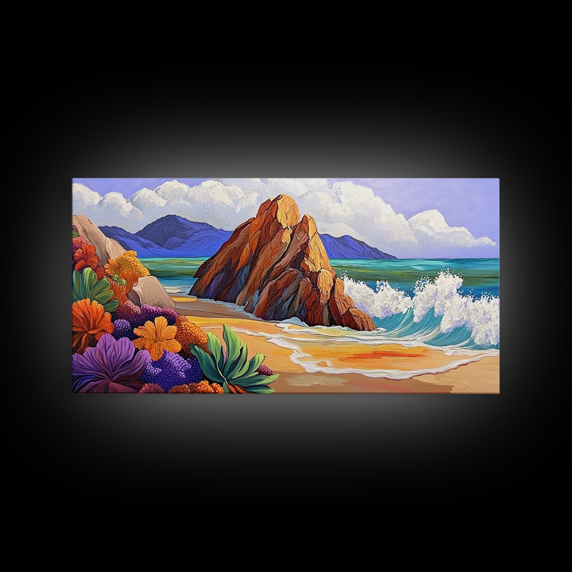Rocks Beach, Flowers, Ocean, Framed Canvas Print, colorful tropical seascape, modern coastal wall art, bright nature themed decor