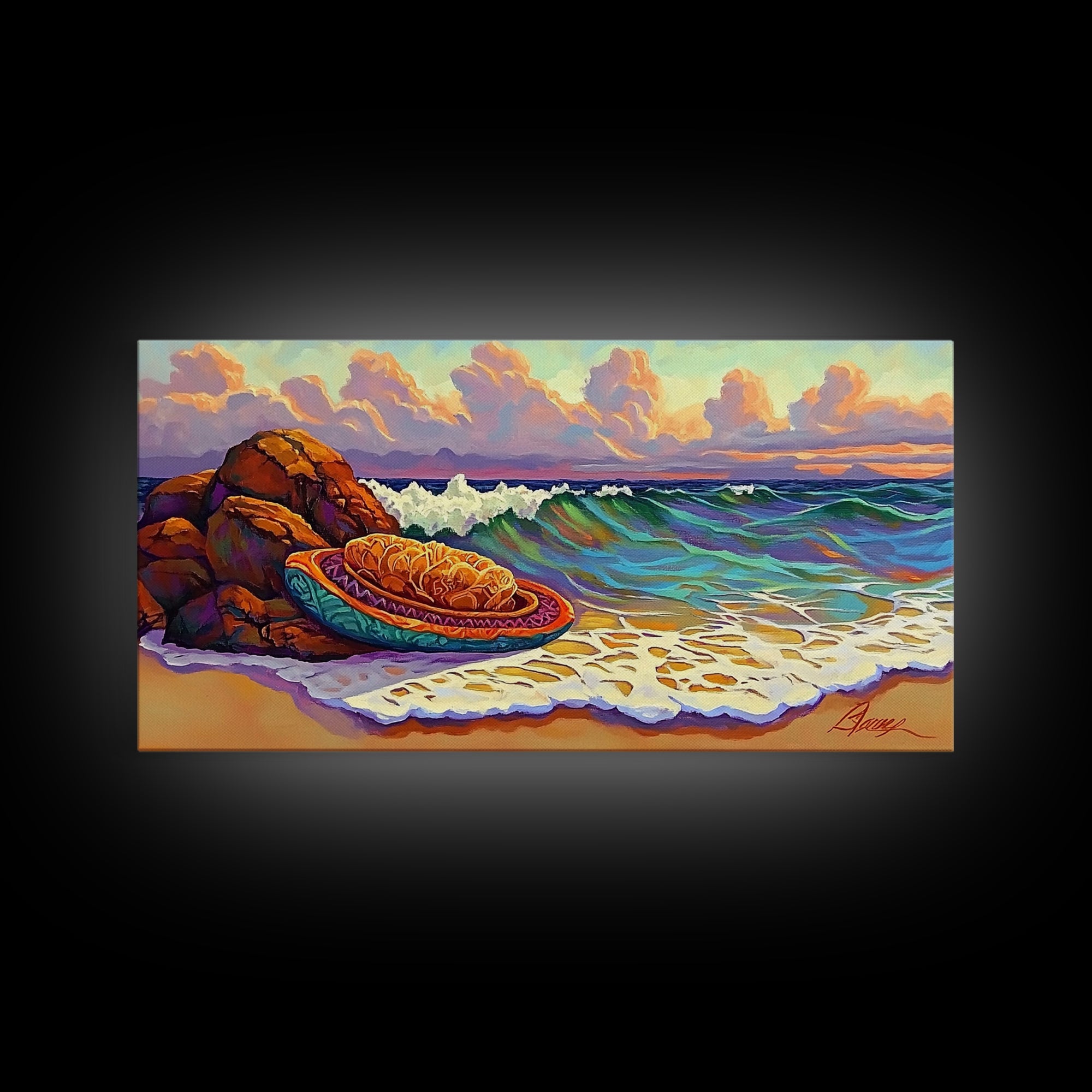 Conchas Beach, Sunset, Waves, Canvas Print, Mexican sweet bread art, kitchen wall decor, colorful bakery art, beach wall painting