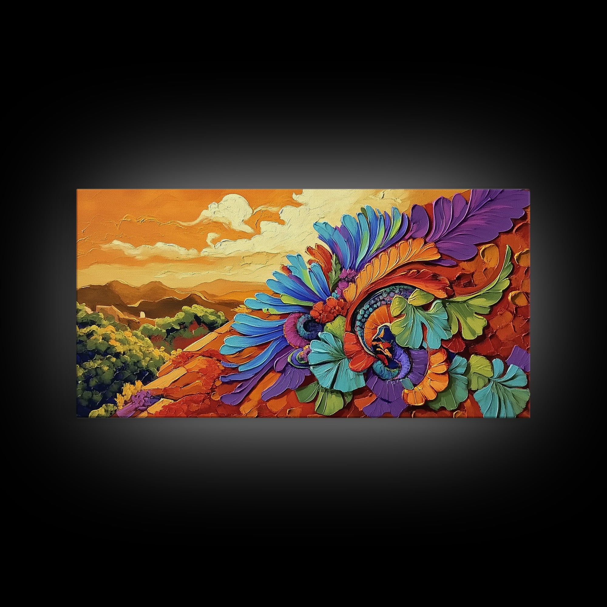 Colorful Feather, Design, Sunset, Framed Canvas Print, southwest wall art, abstract boho style, living room wall art, desert tones