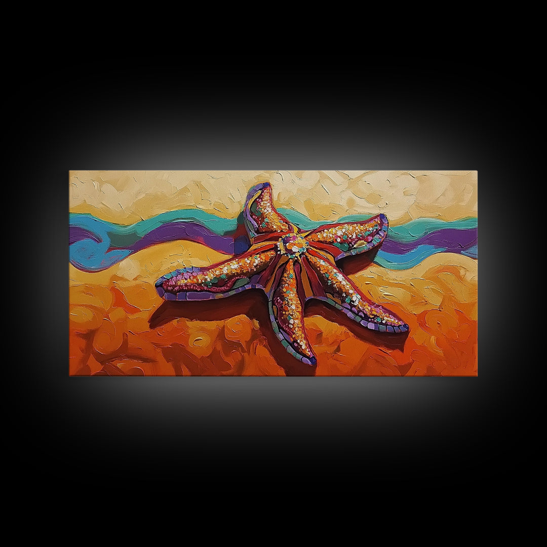 Starfish Beach, Colorful, Textured, Framed Canvas Print, coastal boho decor, ocean theme, beach house bathroom wall art