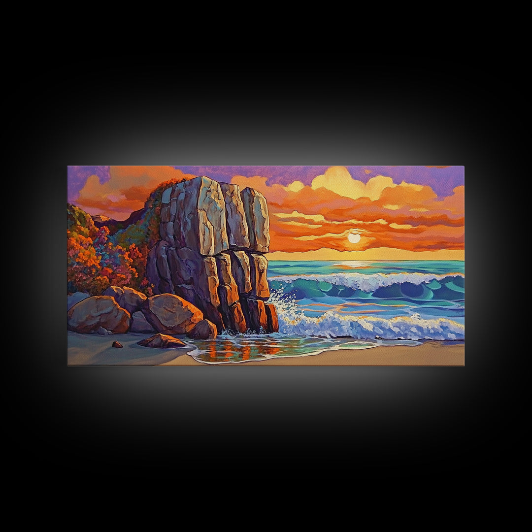 Rock Ocean, Sunset, Waves, Framed Canvas Print, coastal wall decor, bold shoreline art, living room beach style, nature theme