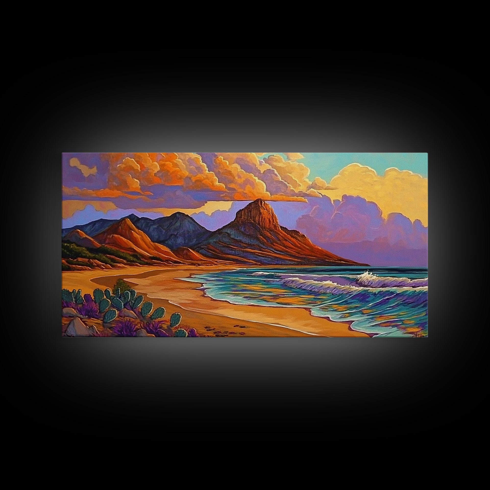 Mountain Desert, Beach, Sunset, Vibrant Desert Mountain Canvas Print, Colorful Southwest Wall Art, Living Room Fall Landscape
