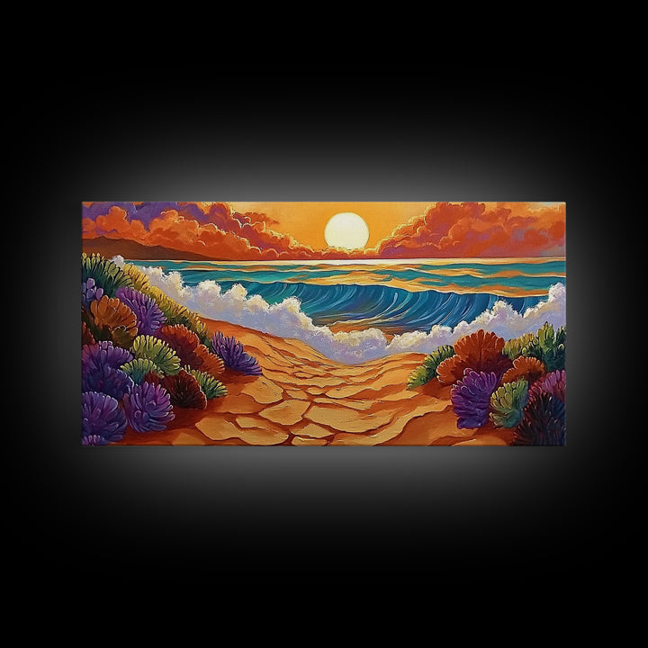 Beach Ocean, Sunrise, Coastal Path, Framed Canvas Print, Vibrant Seaside Art, Bathroom Wall Decor, Nature Landscape, Colorful Waves