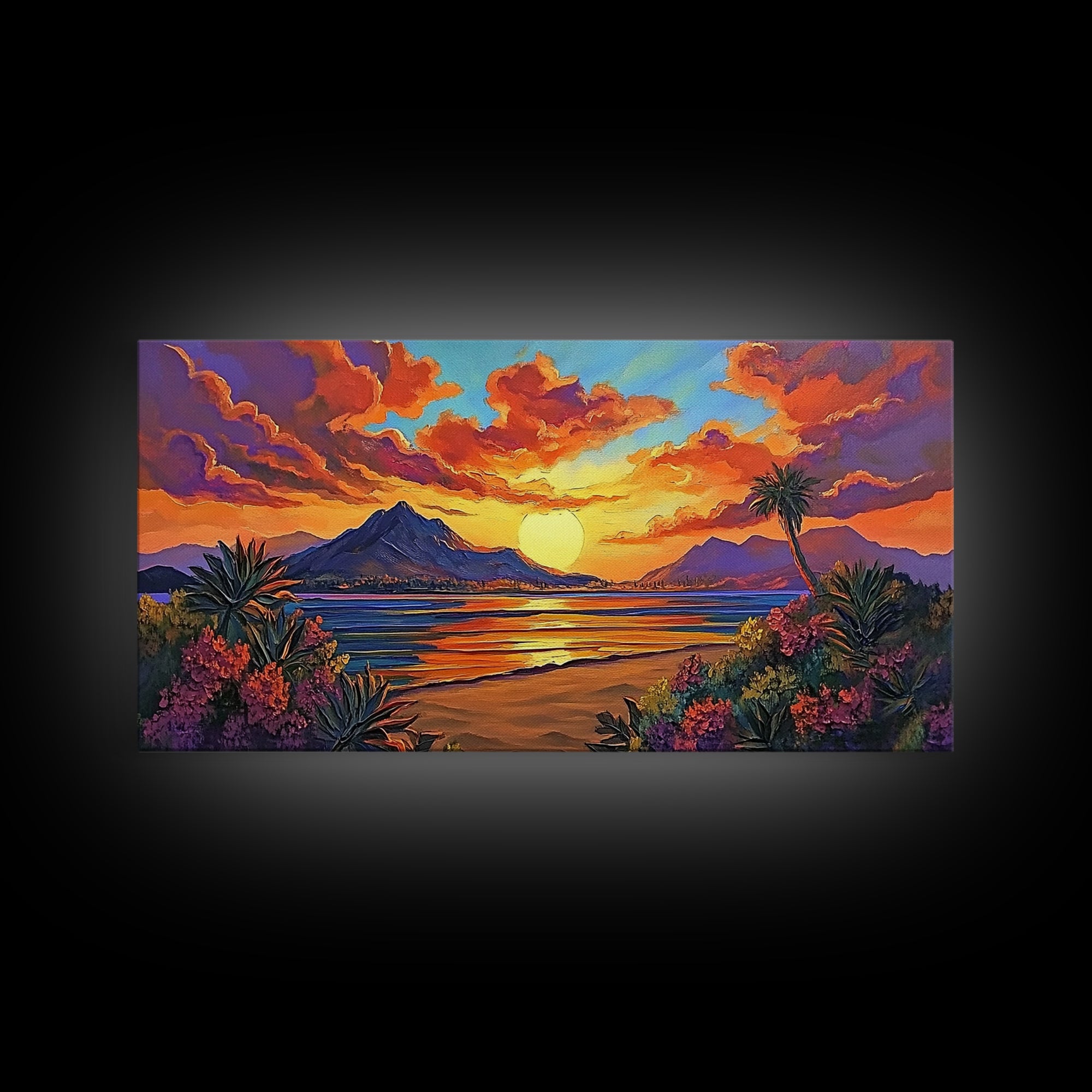 Mountains Tropical, Sunset, Palm Trees, Framed Canvas Print, Bold Landscape Art, Living Room Wall Decor, Sunset View, Boho Decor